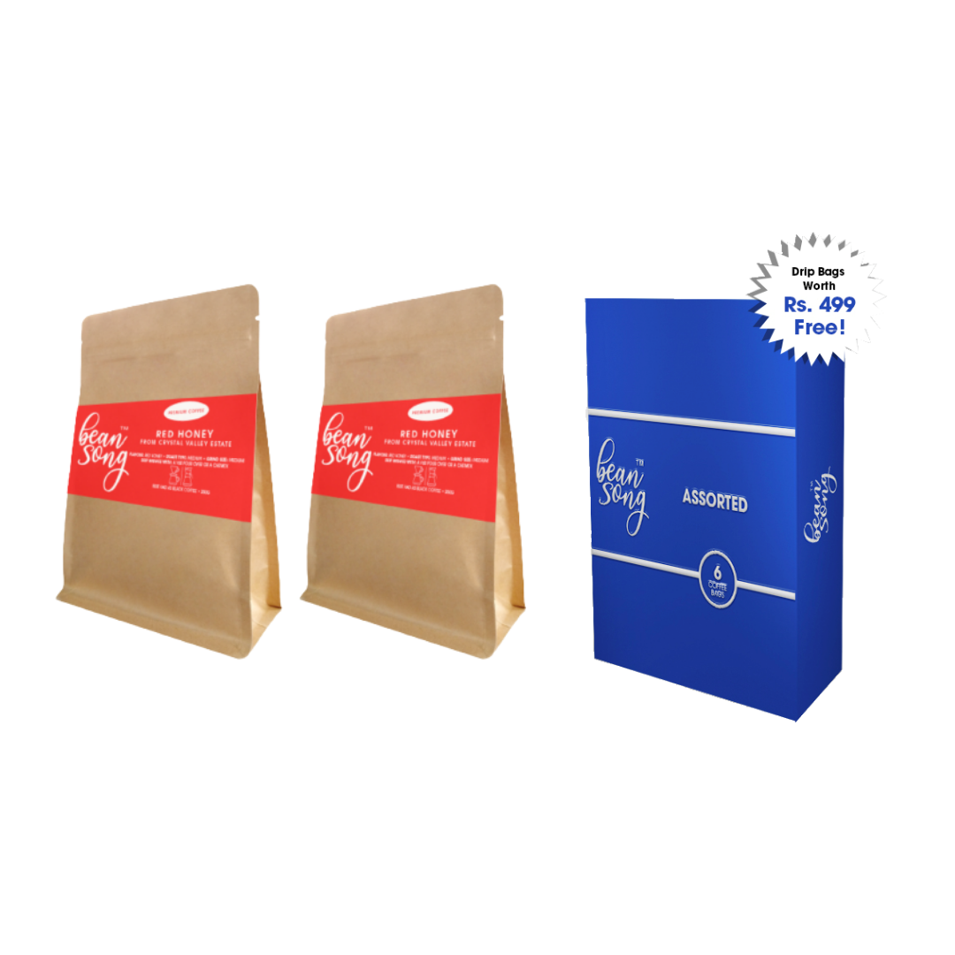 Red Honey Single Estate Coffee Powder (250 g) Pack of 2 with Free Assorted Coffee Drip Bags of 6 Easy Pour (6X20g) Coffee Blends