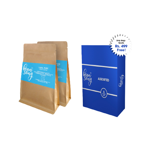 100% Pure Filter Coffee Powder (250g) Pack of 2 with Free Assorted Coffee Drip Bags of 6 Easy Pour (6X20g) Coffee Blends